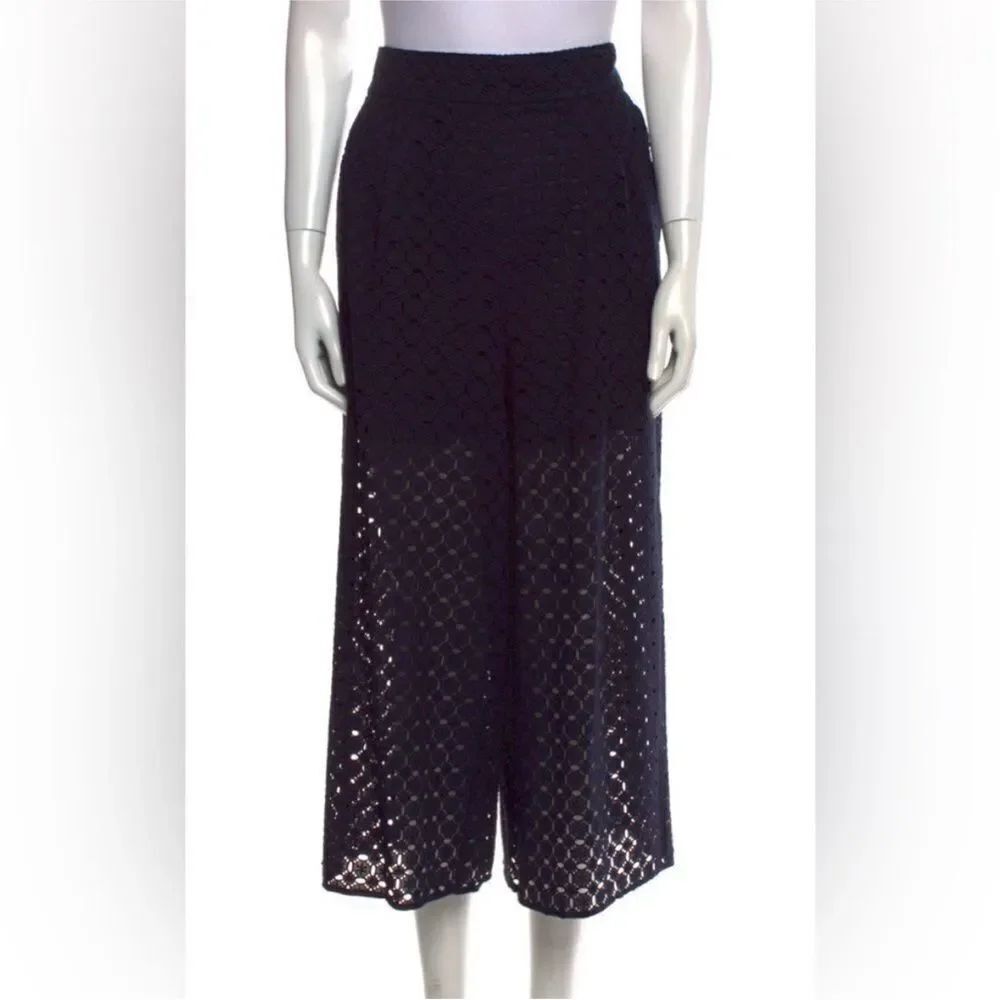 Zimmermann 100# cotton eyelet navy blue cropped wide leg pants, US4-6